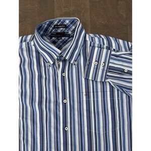 Tommy Hilfiger Button Down Shirt Mens Size Medium Blue Striped 80s 2 Ply-Fabric